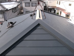 1Ｆ 住宅/瓦屋根葺き替え ガルバリウム鋼板横平葺き　棟取り付け工事画像